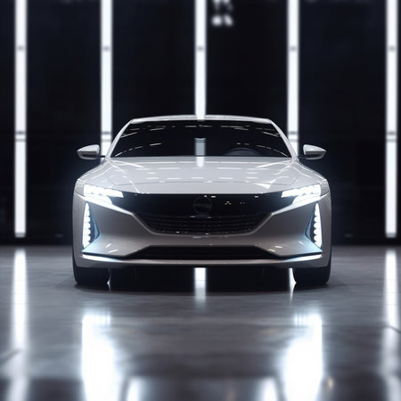 3D rendering of a brand-less generic concept car in a showroomの素材