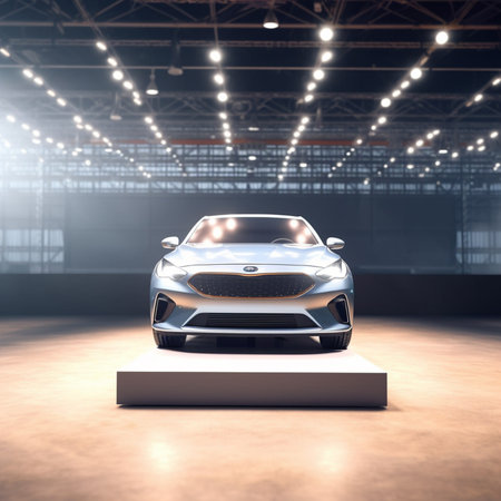 3D rendering of a brand-less generic concept car in a warehouseの素材
