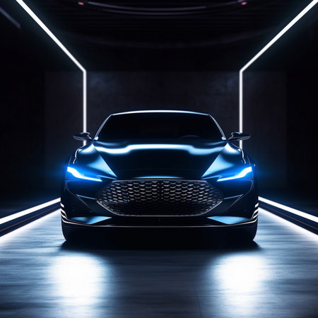 Side view of a modern blue sport car in a dark room with neon lights. 3D Renderingの素材