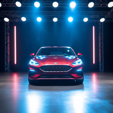 Front view of red car in neon light. 3D Renderingの素材