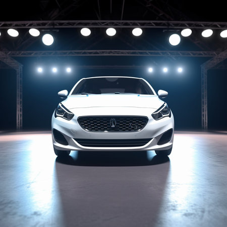 3D rendering of a brand-less generic concept car on stageの素材