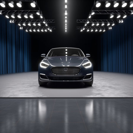 3D rendering of a modern car in a studio with stage lightsの素材