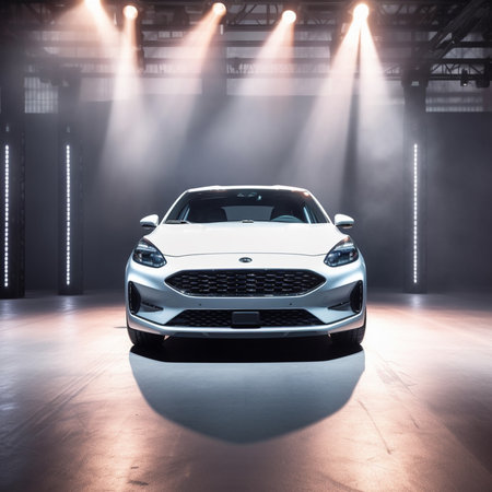 Front view of a white sports car in the studio. 3d renderingの素材