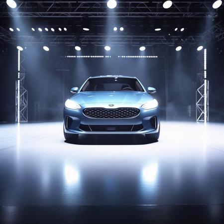 3D rendering of a brand-less generic concept car on stageの素材