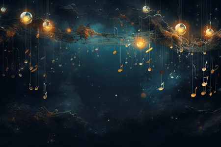 music notes on night sky background. 3d rendering toned imageの素材