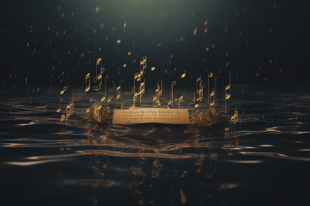 Music notes floating in the water. Music concept. 3d renderingの素材