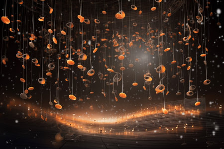 3d rendering of an empty stage illuminated by a spotlight with musical notes flying outの素材