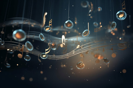 music notes on a dark background, 3d rendering toned imageの素材