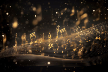 Musical notes on a dark background. 3d rendering toned imageの素材
