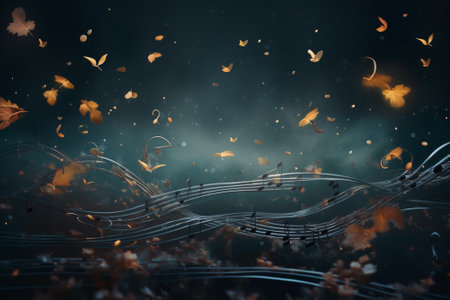 Autumn leaves and music notes on dark background. 3d renderingの素材
