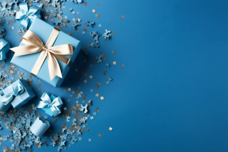 Blue gift box with gold bow and confetti on blue background.の素材