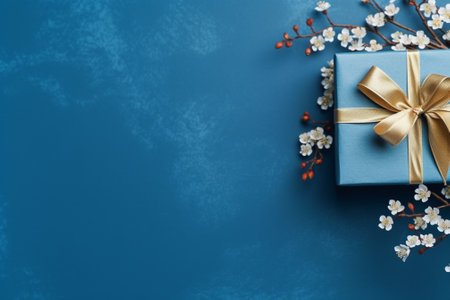 Gift box with a golden bow on a blue background. Top view.の素材