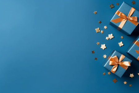 Gift boxes on blue background. Top view with copy space.の素材