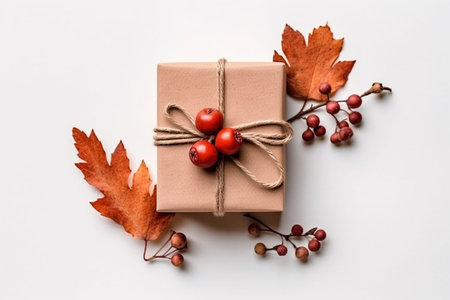 Gift box wrapped in craft paper and tied with twine with red berries and autumn leaves on white background.の素材