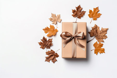 Gift box with brown bow and autumn leaves on white background.の素材