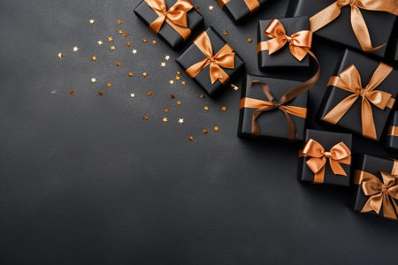 Black gift boxes with golden bow and confetti on black background. Top view with copy spaceの素材