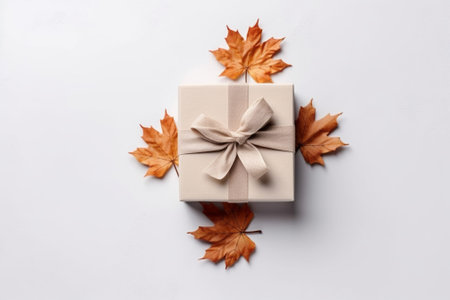 gift box with autumn leaves on white background, top view.の素材