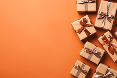 Gift boxes with ribbon on orange background. Top view with copy spaceの素材