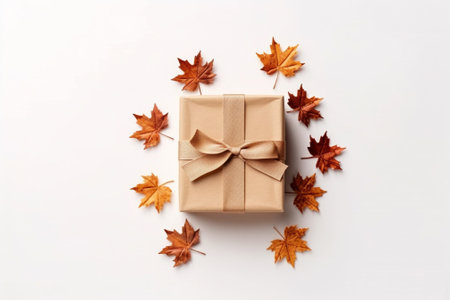 Gift box with autumn leaves on white background. Flat lay, top view.の素材