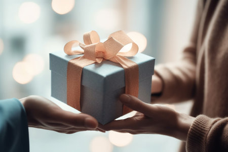 Female hands holding gift box on bokeh background, closeupの素材
