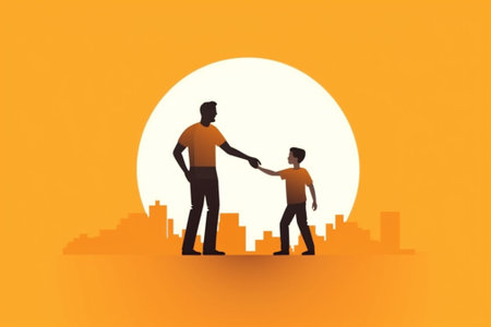 Father and son holding hands and looking at the city. Vector illustrationの素材