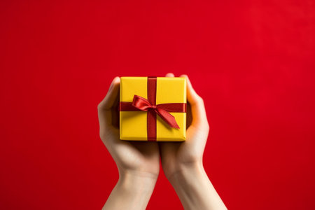 Female hands holding a yellow gift box on a red background with copy space.の素材