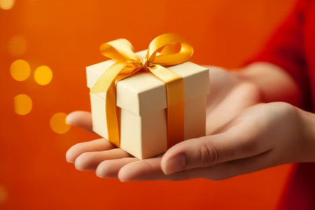 Close-up of man's hand holding gift box on orange backgroundの素材