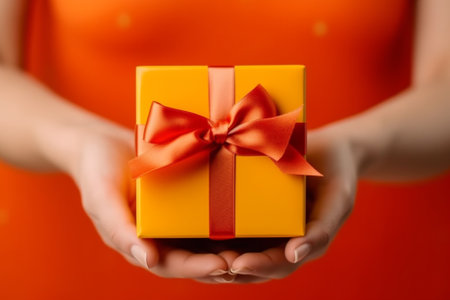 Woman hands holding yellow gift box with red ribbon on orange background.の素材