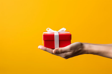 Man's hand holding a red gift box with a white ribbon on a yellow backgroundの素材