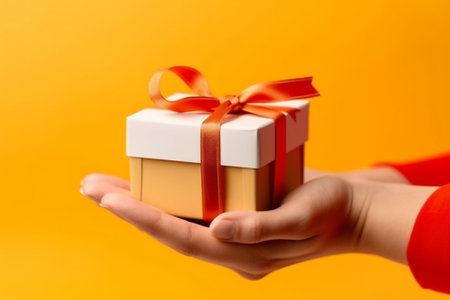 Gift box in female hands on orange background. Closeup.の素材