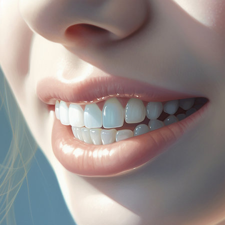 Closeup of beautiful female mouth with white teeth. Dentistry conceptの素材