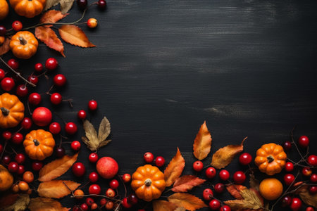 Autumn background with pumpkins, leaves and berries on black wooden backgroundの素材