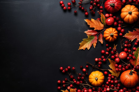Autumn composition with pumpkins, berries and leaves on black backgroundの素材