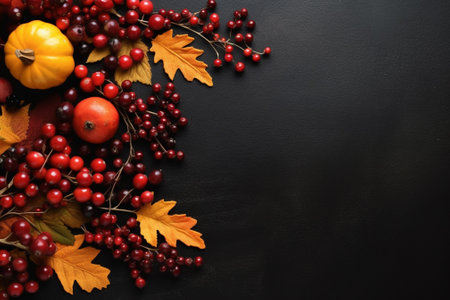 Autumn composition with pumpkins, berries and leaves on black backgroundの素材