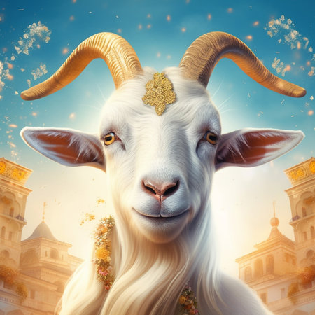 White goat with golden horns on the background of the mosque and blue skyの素材