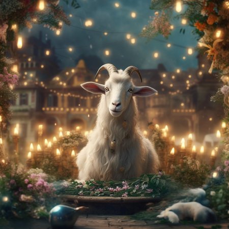Christmas and New Year holidays background with cute funny goat and Christmas lightsの素材