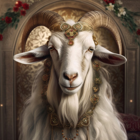 Portrait of a white goat with golden earrings in a luxurious interior.の素材