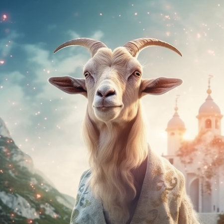 Portrait of a goat on the background of the Orthodox church.の素材