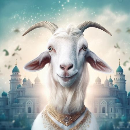 Portrait of a white goat with mosque and clouds in the backgroundの素材