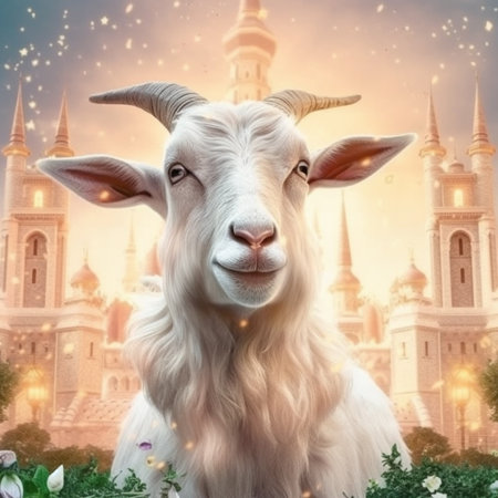 White goat on the background of the mosque. Ramadan Kareem.の素材