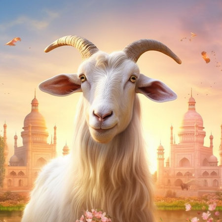 White goat in front of Taj Mahal at sunset, Agra, Indiaの素材