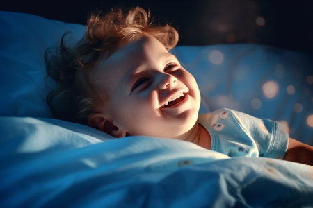 Portrait of a smiling little boy lying in bed at home.の素材