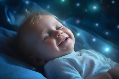 Cute baby boy sleeping in bed at night. Sweet dreams.の素材