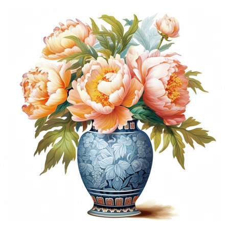 Vase with peony flowers on a white background. Vector illustration.の素材