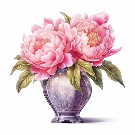 Bouquet of pink peonies in a vase. Vector illustration.の素材