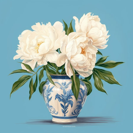White peonies in vase on blue background. Vector illustration.の素材