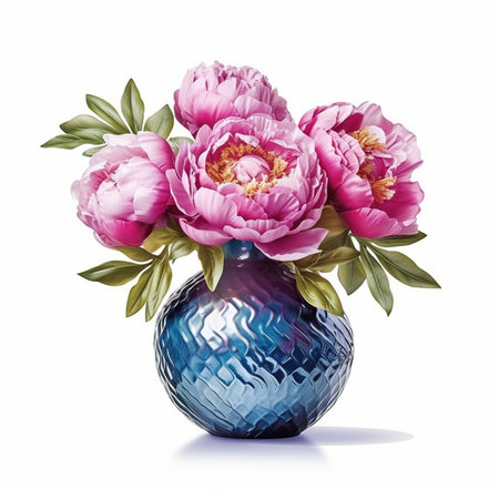 Beautiful pink peonies in blue vase isolated on white backgroundの素材