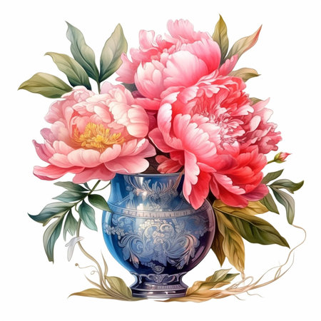 Bouquet of peonies in vase. Watercolor illustrationの素材
