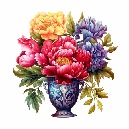 Vintage vase with peonies and chrysanthemumsの素材