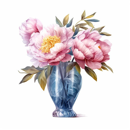 Bouquet of peonies in a glass vase. Watercolor illustrationの素材
